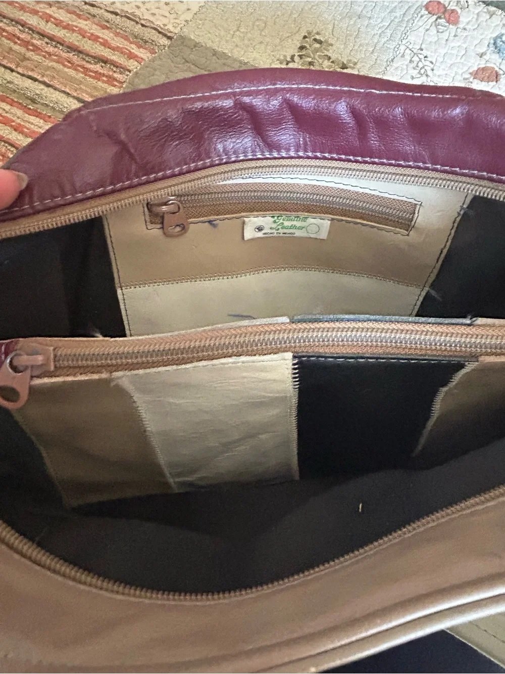 Multi-Color Genuine Leather Mexico Panel Shoulder Bag - Cream, Gray & Burgundy